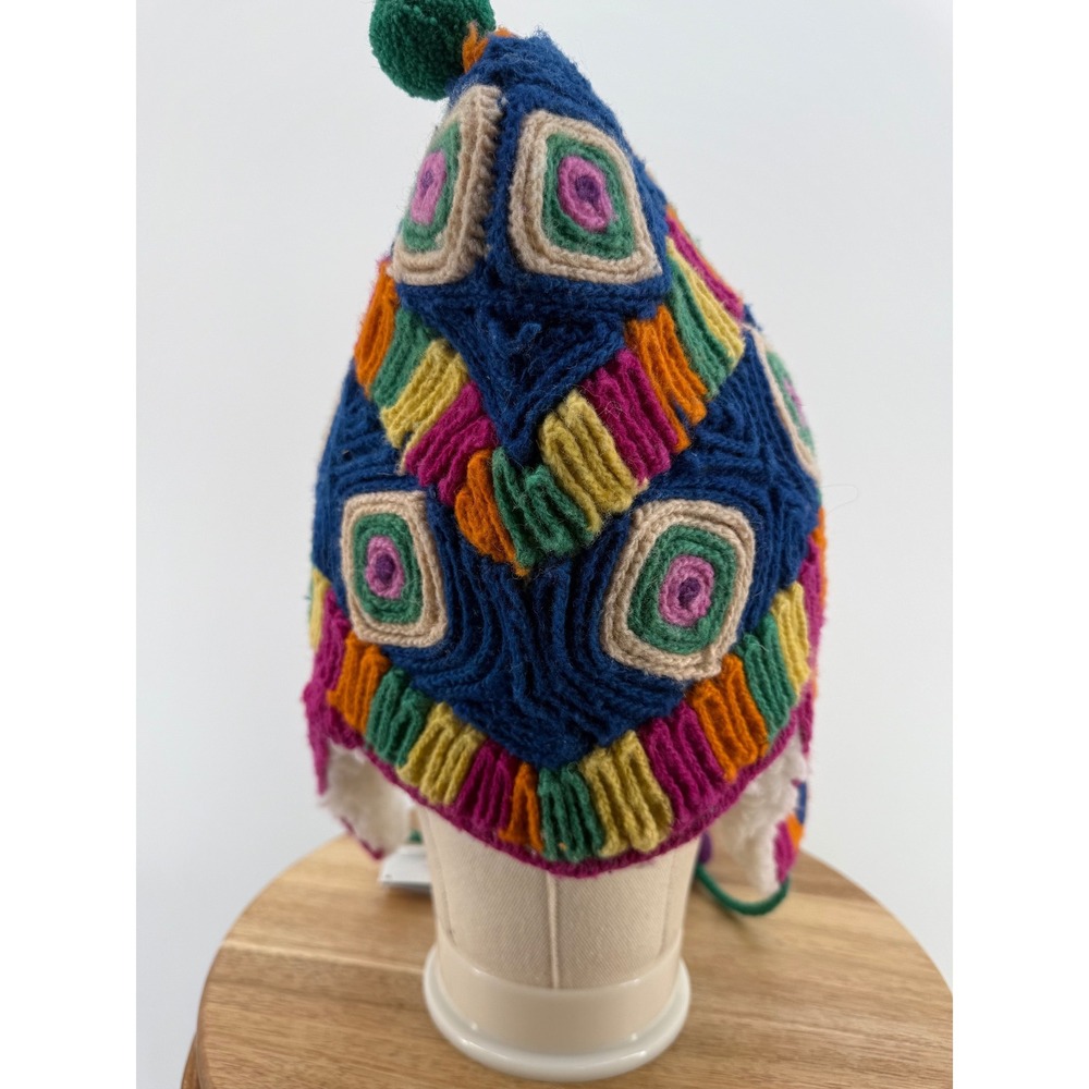 Jenny Krauss Whimsy‎ Rainbow Multicolor Earflap Hat Wool Lined Pom Pom - Picture 3 of 6